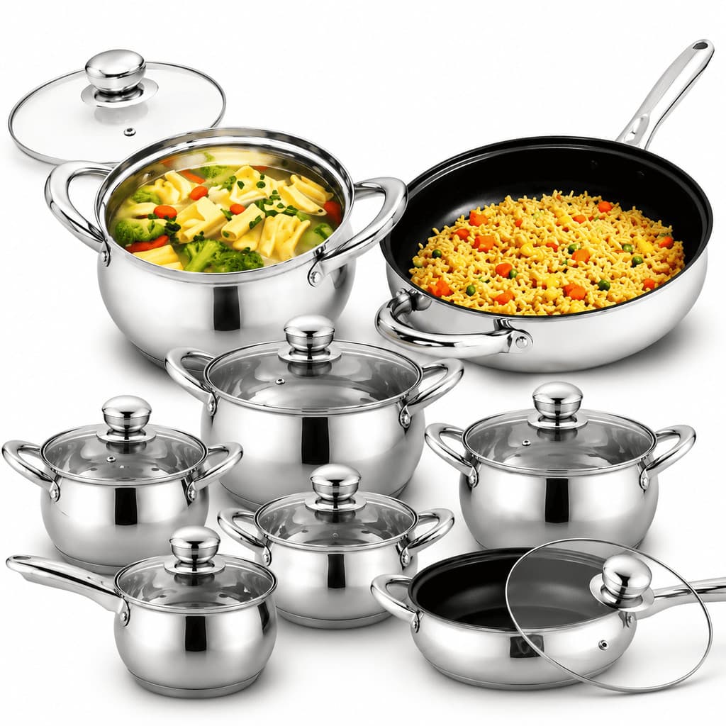 Conjunto De 12 Pecas De Panela Antiaderente De Aco Inoxidavel Culinaria Gourmet 5 Cacolas Com Tampa E Frigideira De Inox