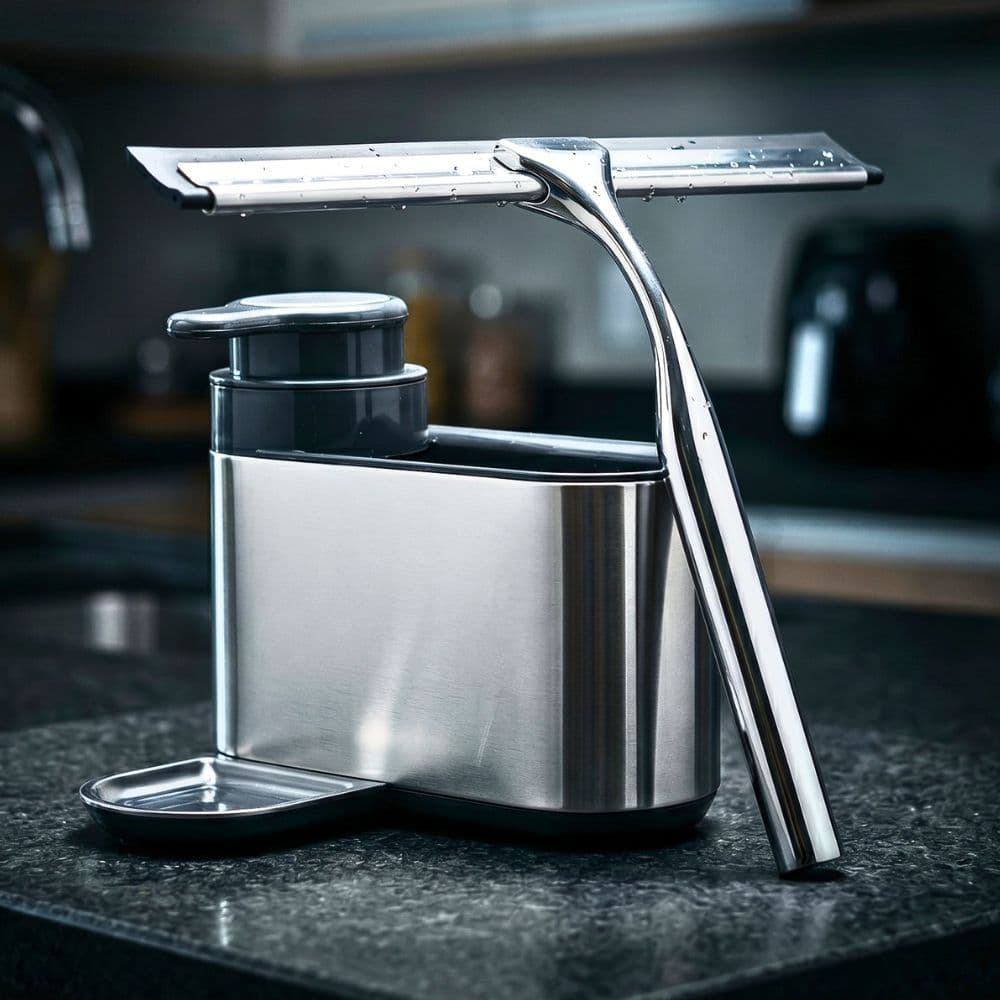 Jogo Pia Organizada Luxo Em Inox Porta Detergente 250ml Com Rodo De Pia 26cm E Pendurador De Parede