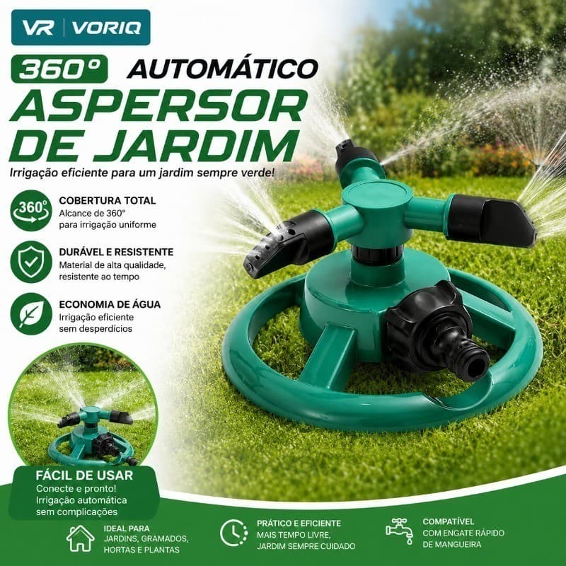 360° Irrigador De Jardim Automatico Aspersor Giratório 3 Jatos Plantas Gramado Horta Paisagismo, Economia De Água