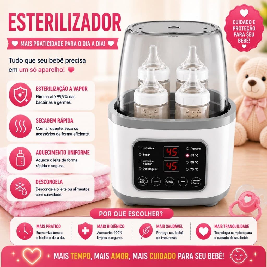 Aquecedor de Leite para Bebê 2 em 1 Esterilizador de Mamadeiras Aquecimento Rápido 4 Mamadeiras