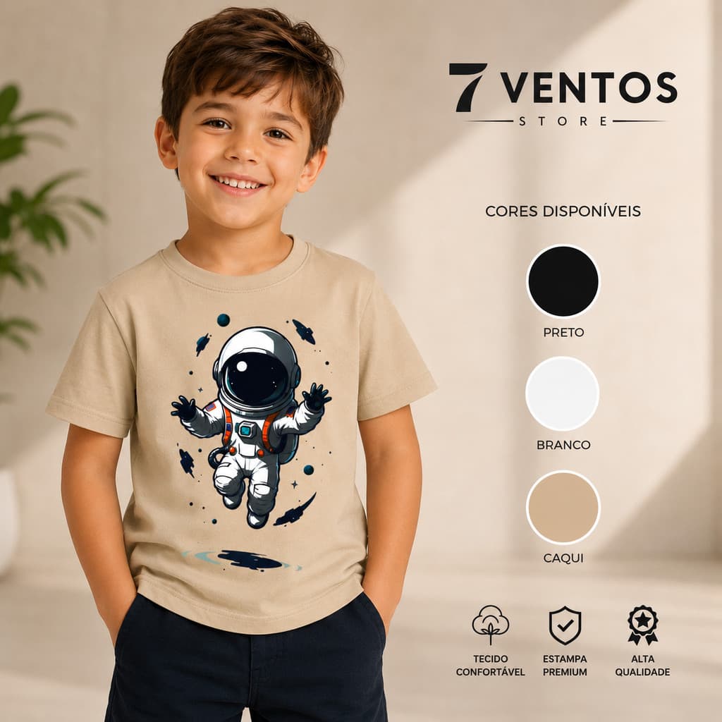 Camiseta Infantil Juvenil Astronauta 100% Algodão Premium Toque Macio Suave Unissex