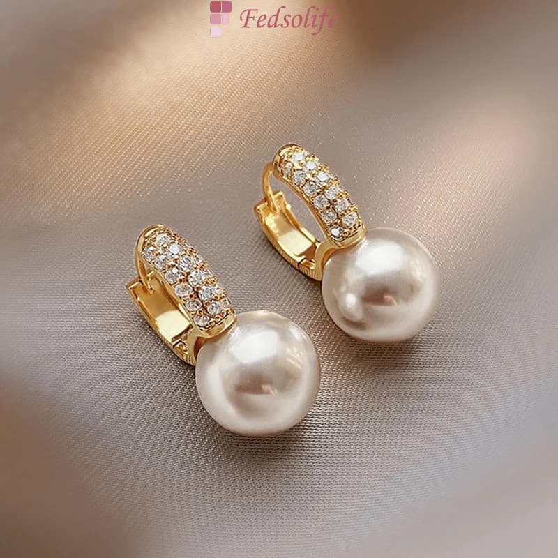 [Brincos com pingente Fedsolife] Brincos de aço titânio banhados a ouro pérola exclusivos simples coreanos femininos sem