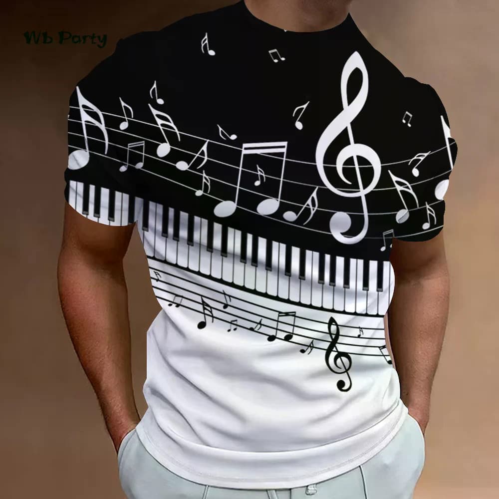 Moda Masculina Camiseta 3D Música Nota Impressão De Manga Curta Verão O-Pescoço Topos Casual Oversized Roupas Masculinas
