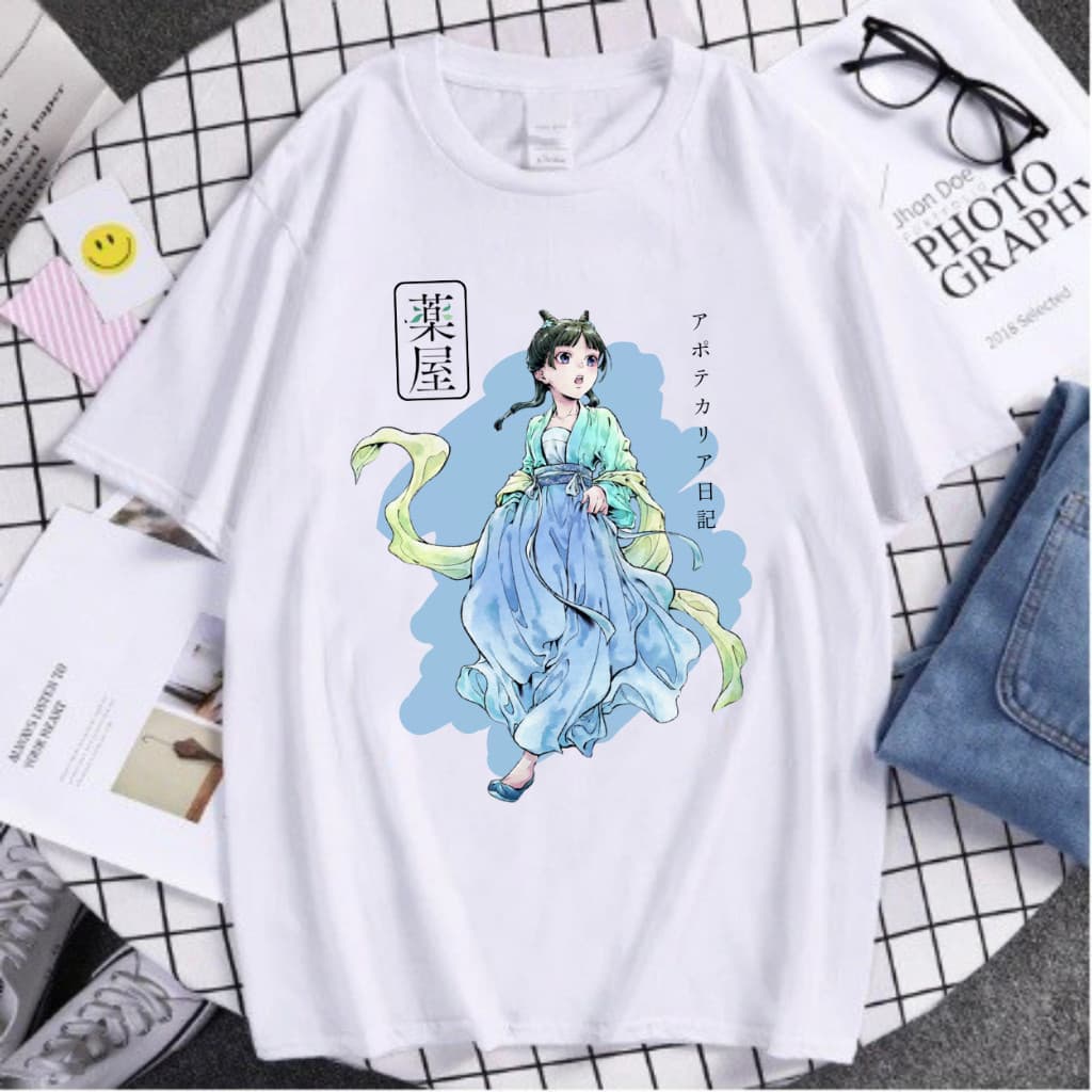 Camiseta T-shirt Branca Maomao Anime Blusa Diário da Apotecaria Mangá Moda Geek Street Desenho Unix Moda Maligu