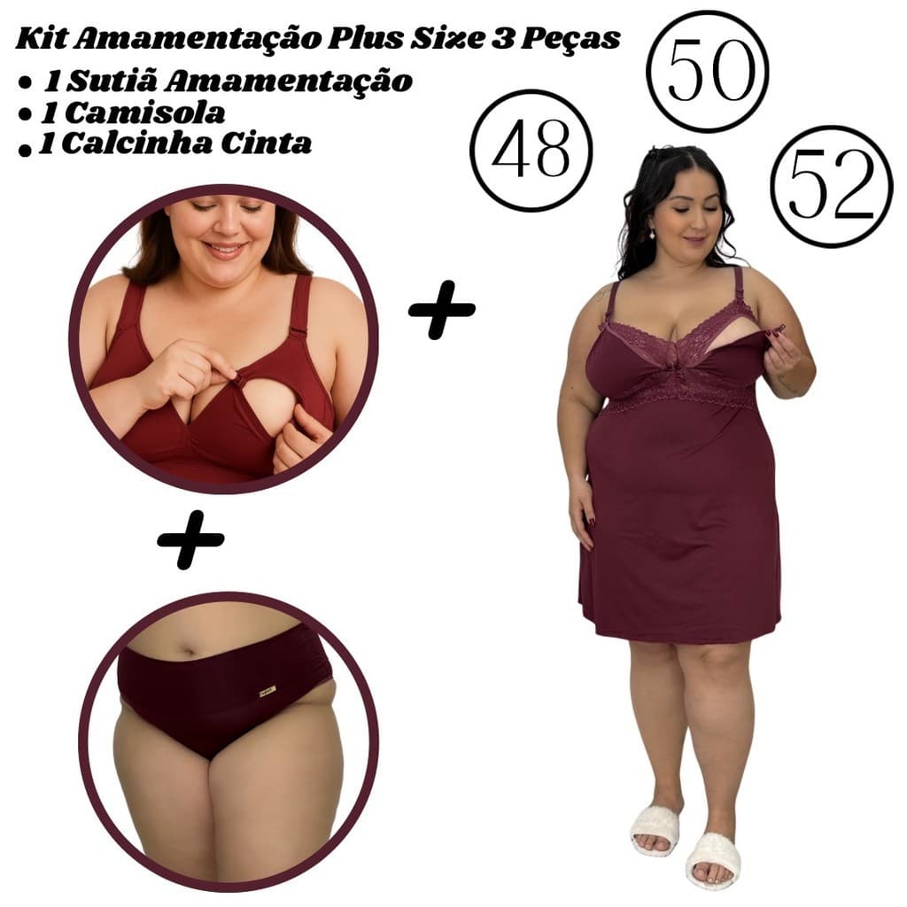 Kit Amamentação Plus 1 Camisola + 1 Sutiã + 1 Calcinha Cós
