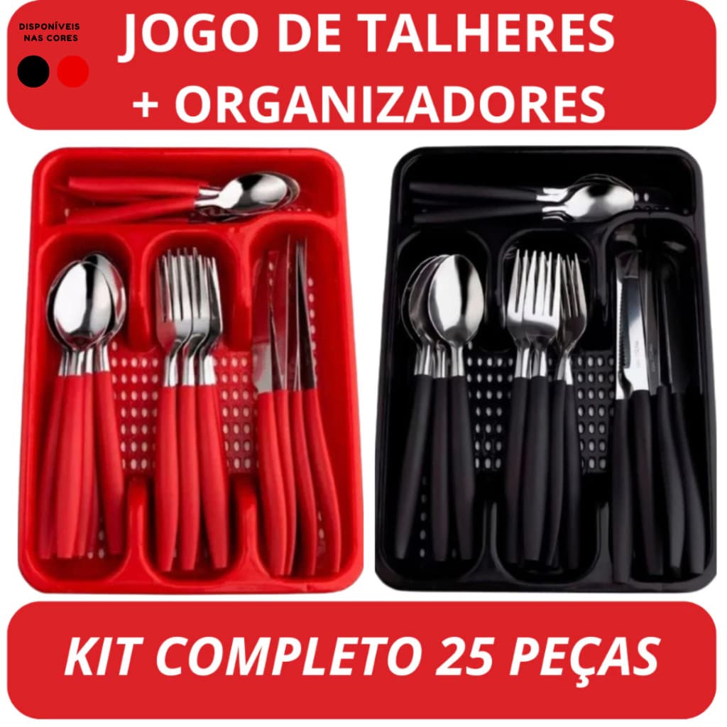Talheres Inox cabo plástico nas cores Vermelho ou Preto Com 24 Peças + Suporte Gaveteiro perfeitos para sua Cozinha
