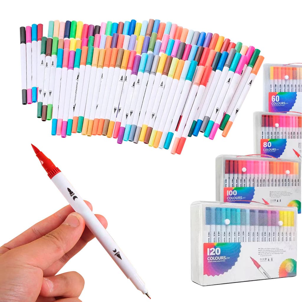 Kit 80/100/120 Canetas 2 em 1 Brush Lettering e Ponta Fina Dual Pen Canetinha Colorir - Promoção