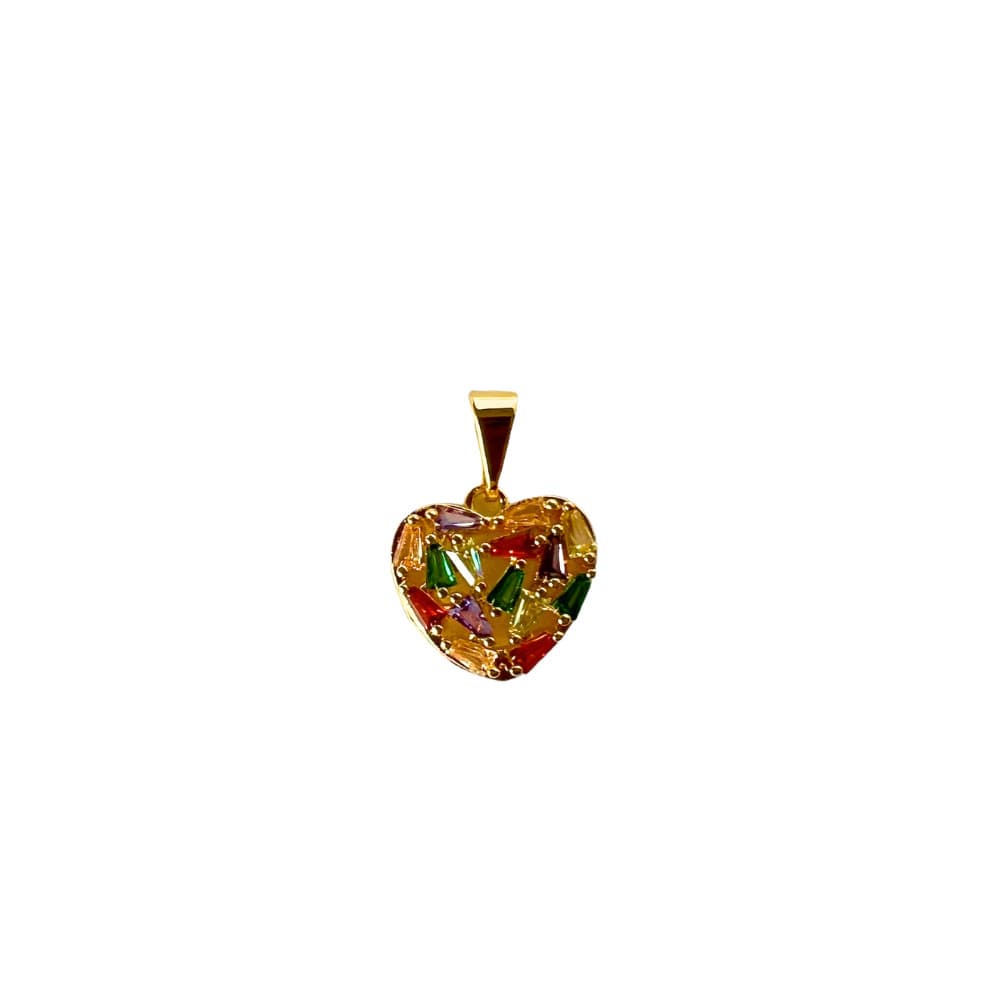 Pingente Feminino Coração Banhado a Ouro 18k Cravejado Trapézios Cristal/ Colorido Semijoia Ciela
