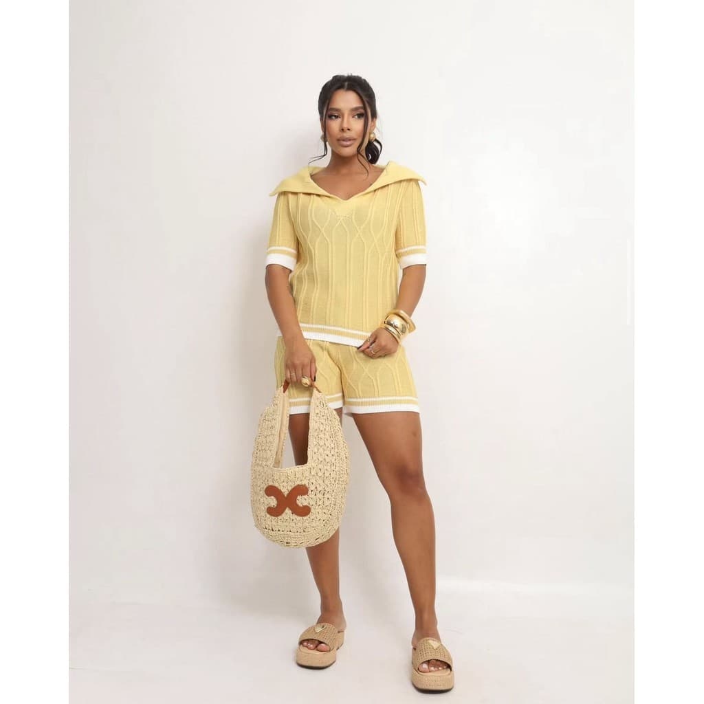 Conjunto Tricô Premium Blusa Polo + Shorts Moda Verão