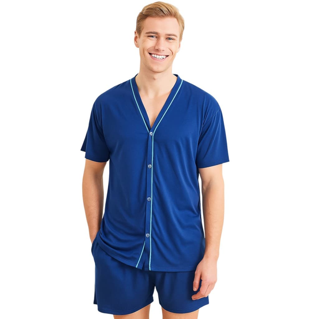 Pijama Verão De Malha Masculino Curto Aberto Com Botão Confortável
