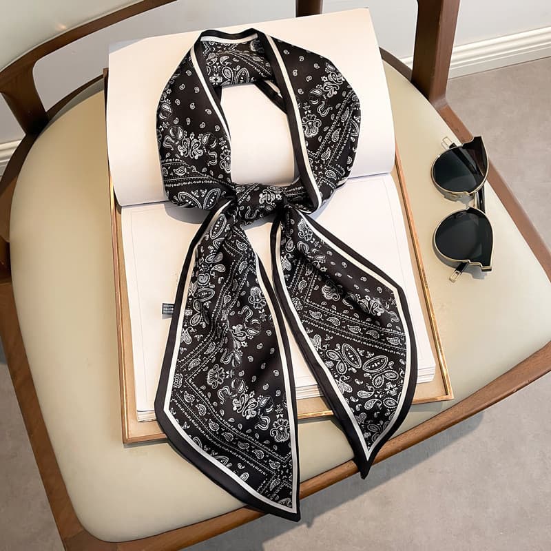 Longo pequeno lenço de seda feminino primavera outono verão preto pescoço proteção pescoço camisa combinando fita cinto