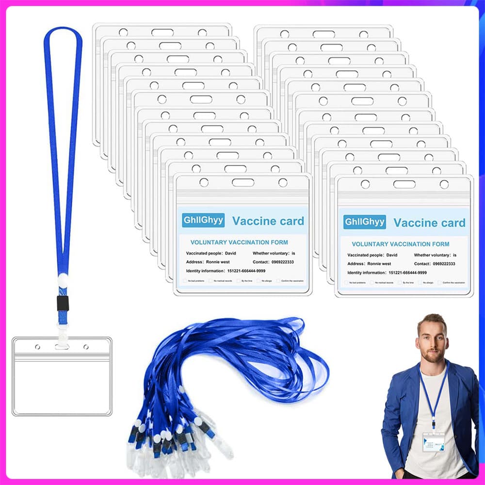 50 porta-cartões à prova d'água para cordão,crachás transparentes versão horizontal,identificação de plástico com cordão