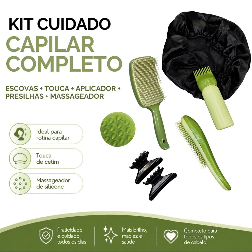 Kit Cuidado Capilar Completo 7 Peças com Escovas Touca Aplicador Presilhas e Massageador