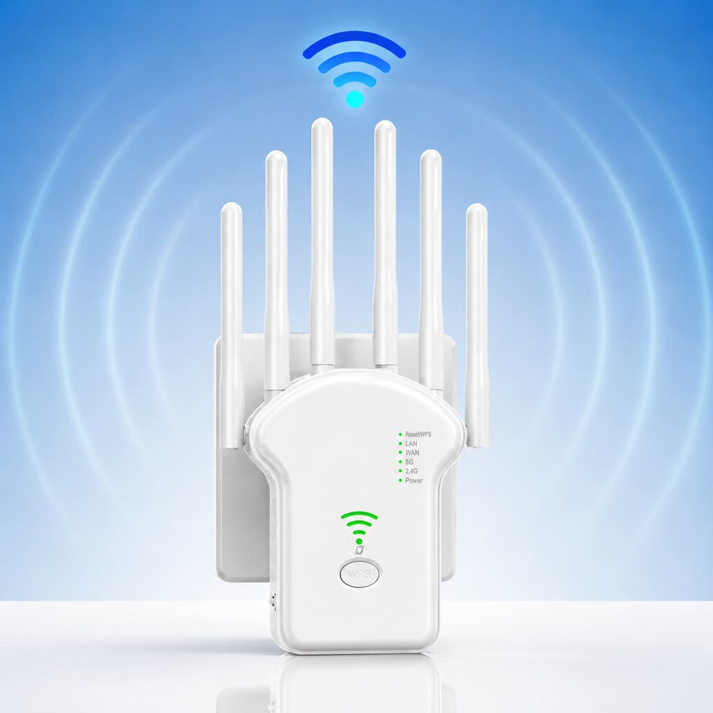 Amplificador de Sinal WiFi 300+800Mbps Repetidor Dual Band 2.4GHz 5GHz com 6 Antenas