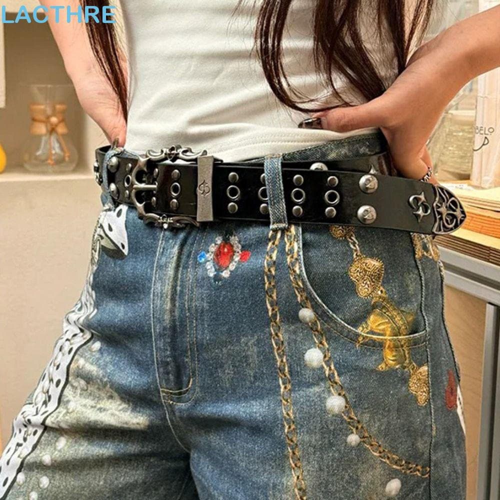 Cinto De Rebite LACTHRE , Fivela Esculpida Em Couro PU Y2K , Cintura Punk De Metal Preto Picante Para Meninas