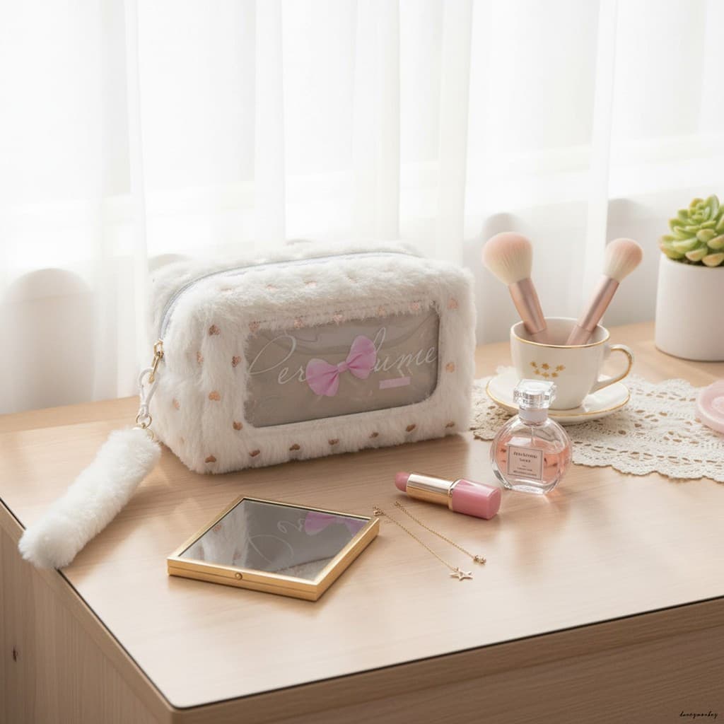 Estojo De Lápis Com Laço De Pelúcia De Grande Capacidade-Organizador Cosmético Portátil De Papelaria