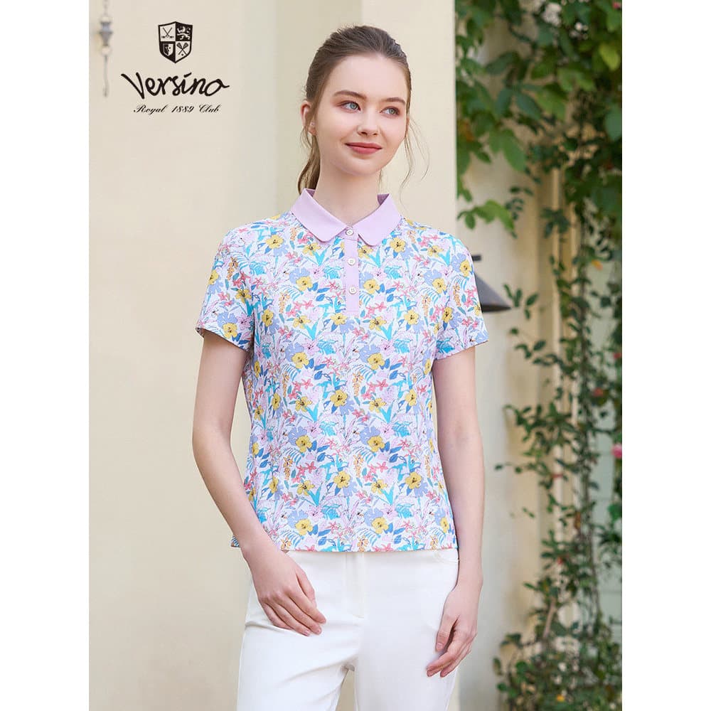 Versino versino Camiseta feminina estampada de manga curta primavera verão Casual camisa polo de lapela de algodão puro