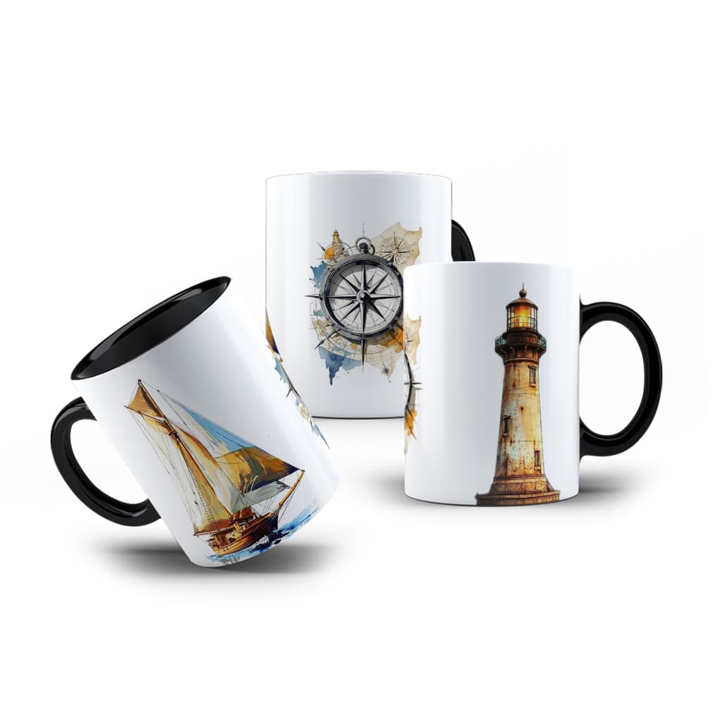 Caneca de Porcelana Barco Bússola Farol Naútica Mar 325mL