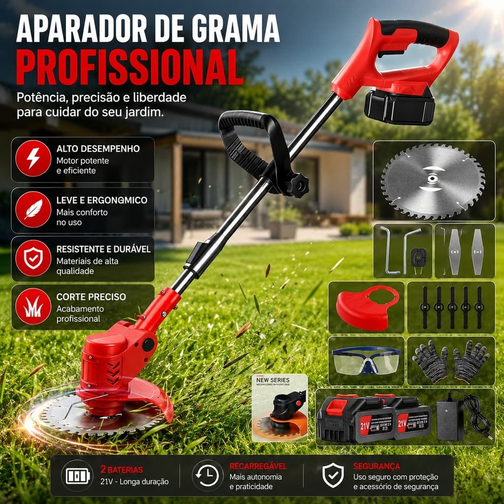 potente cortador de grama sem fio, com dupla voltagem e duas baterias, é ideal para jardins residenciais.
