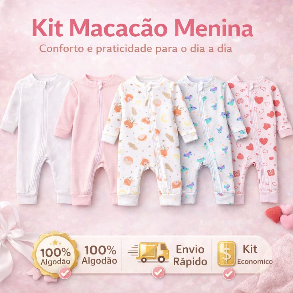 1, 2, 3, 4 ou 5 Macacão Bebê Menina Recém Nascida RN Infantil Estampada