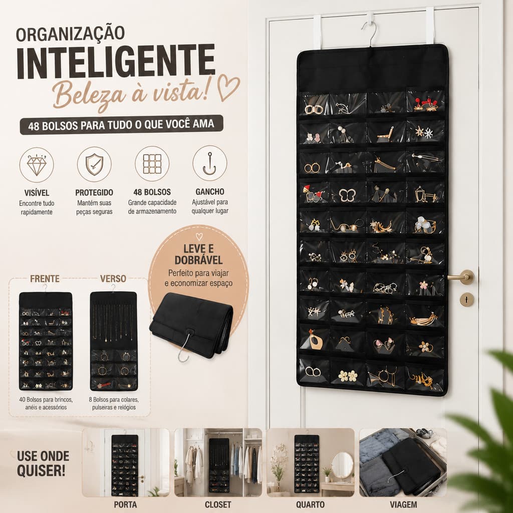 Organizador de Bijuterias Grande com 48 Bolsos Porta Joias Saco de Armazenamento Modelo OG-14/-15-ND