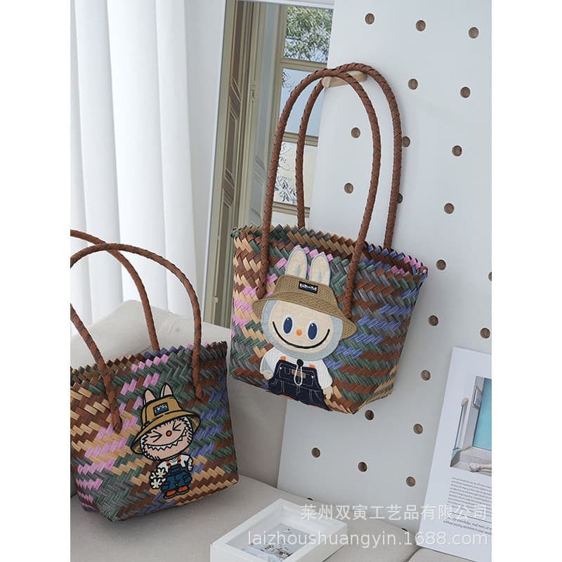 26 novo estilo Labu pano mão-tecido saco cesta de vegetais contraste cor bolsa de ombro grande capacidade saco de praia