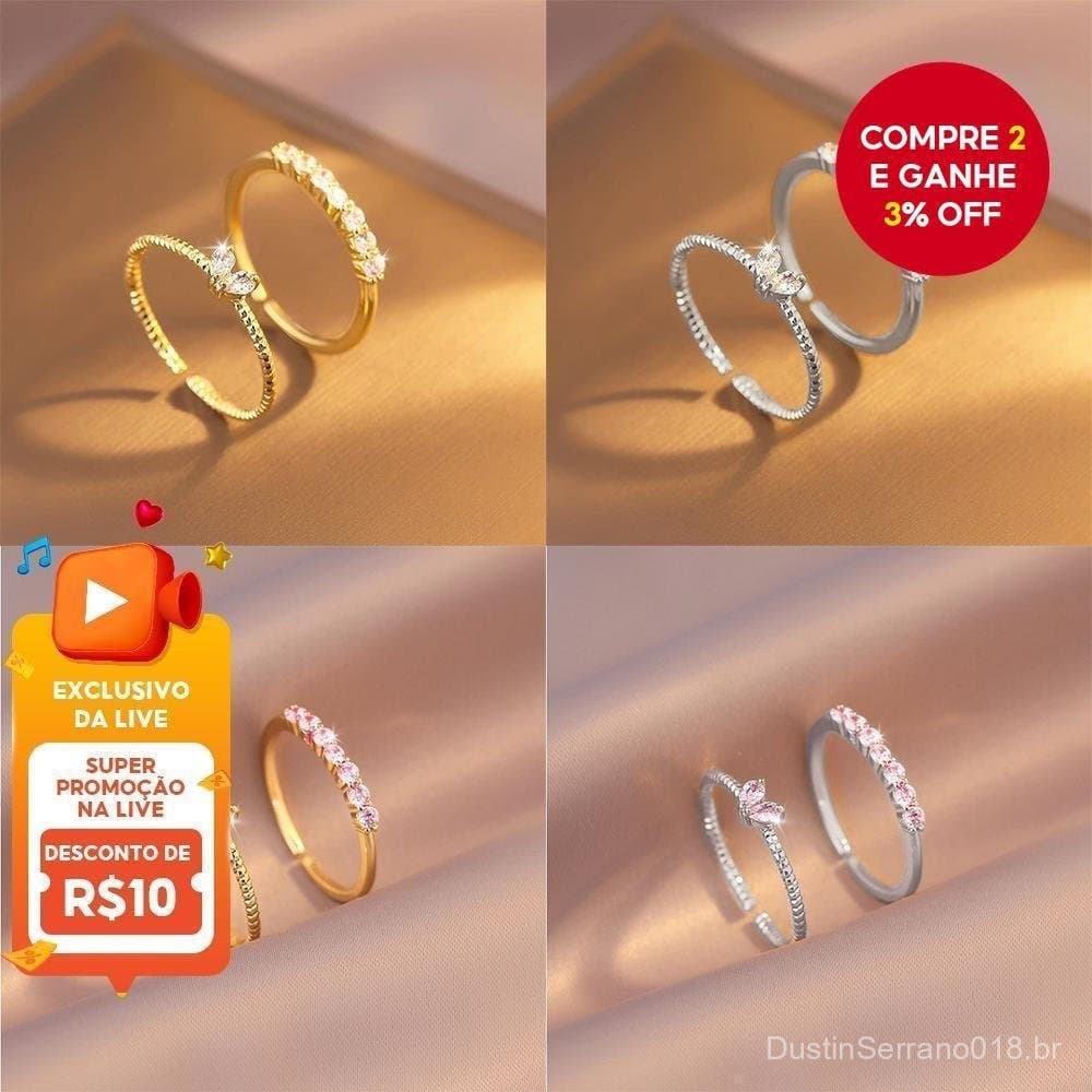 Conjunto de 2 Anéis Elegantes Ajustáveis em Zircônia com Formato de Coração, Anéis de Prata Banhados a Ouro para Mulhere