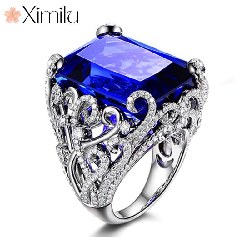 ❤ Criativo luxo temperamento cheio de diamante grande caltanzanita anel feminino safira oco padrão jóias