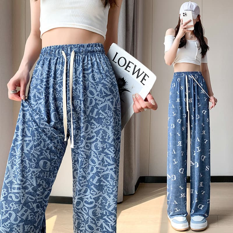 Calças jeans de seda gelo calças de perna larga verão seda feminina impressa fina calças casuais cintura alta solta cint