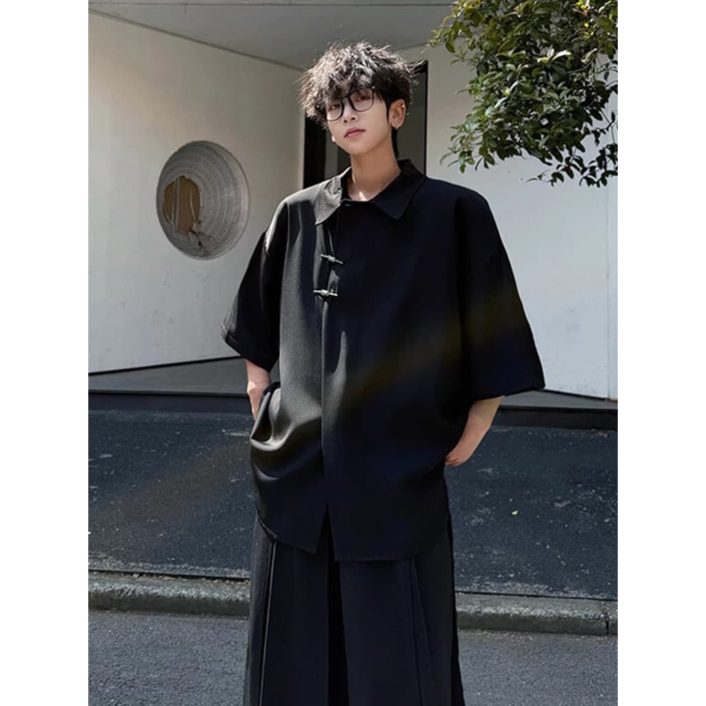 Novo estilo chinês Drape gelo seda camisa de manga curta masculina verão legal solto tamanho grande carcela Diagonal bot