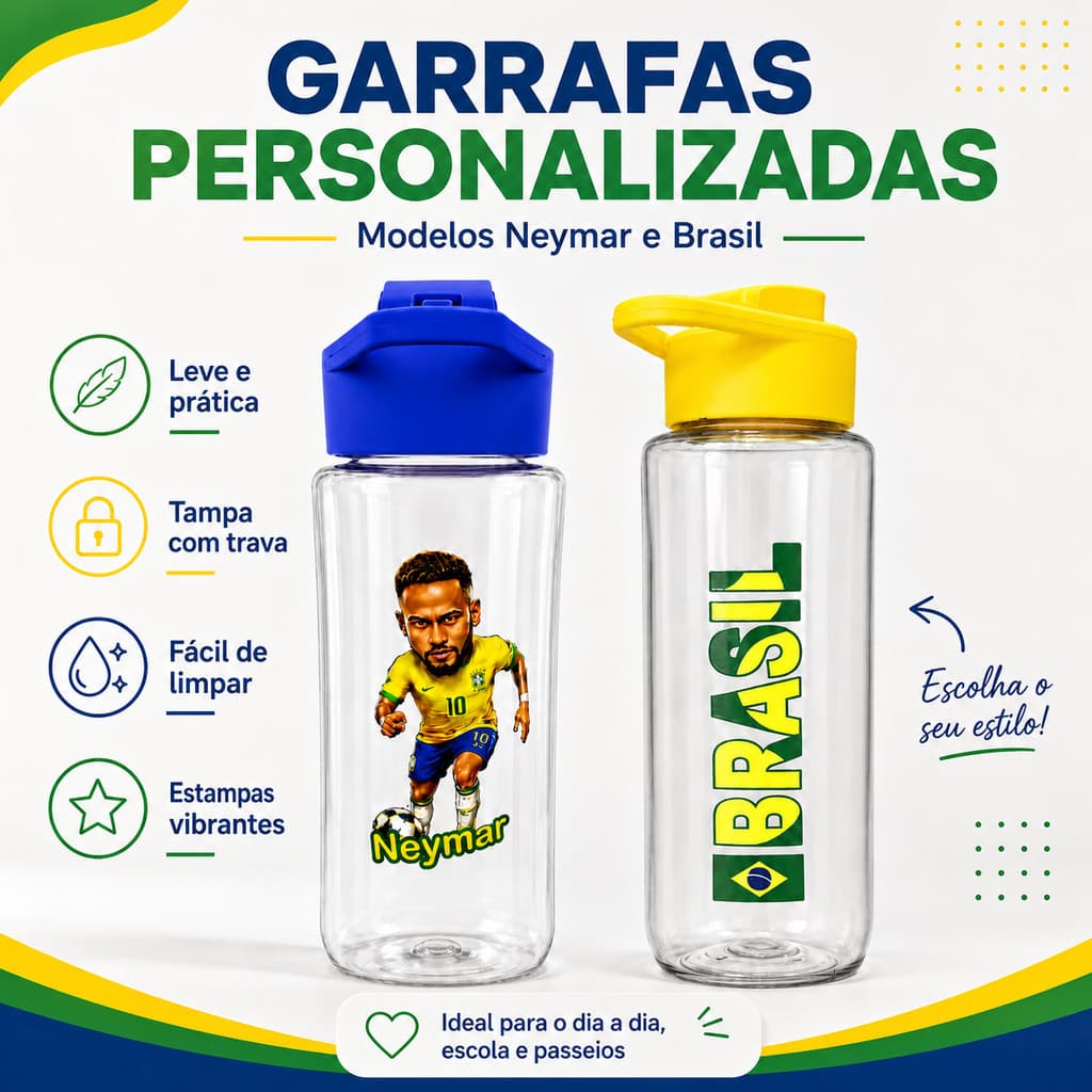 Garrafa Transparente Neymar  Brasil Futebol com Tampa Trava e Estampa Vibrante
