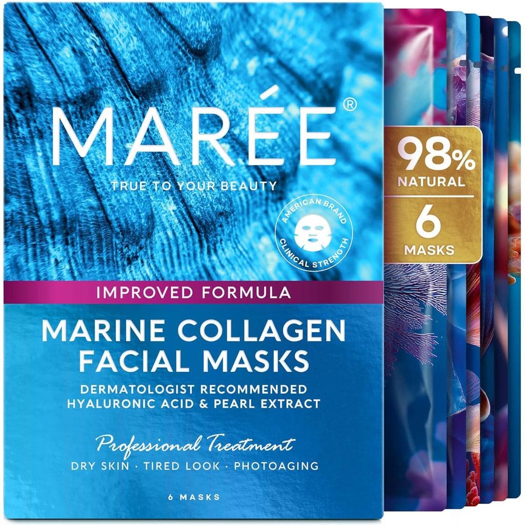 Máscara Facial de Colágeno MAREE com Ácido Hialurônico — Máscara Facial em Folha para Cuidados com a Pele — Extrato de C