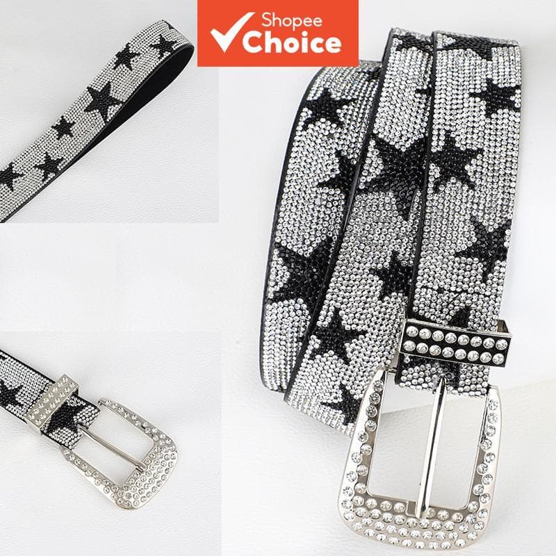 Cinto feminino de strass com pentagrama, estilo Y2K, cinturão de couro sintético brilhante