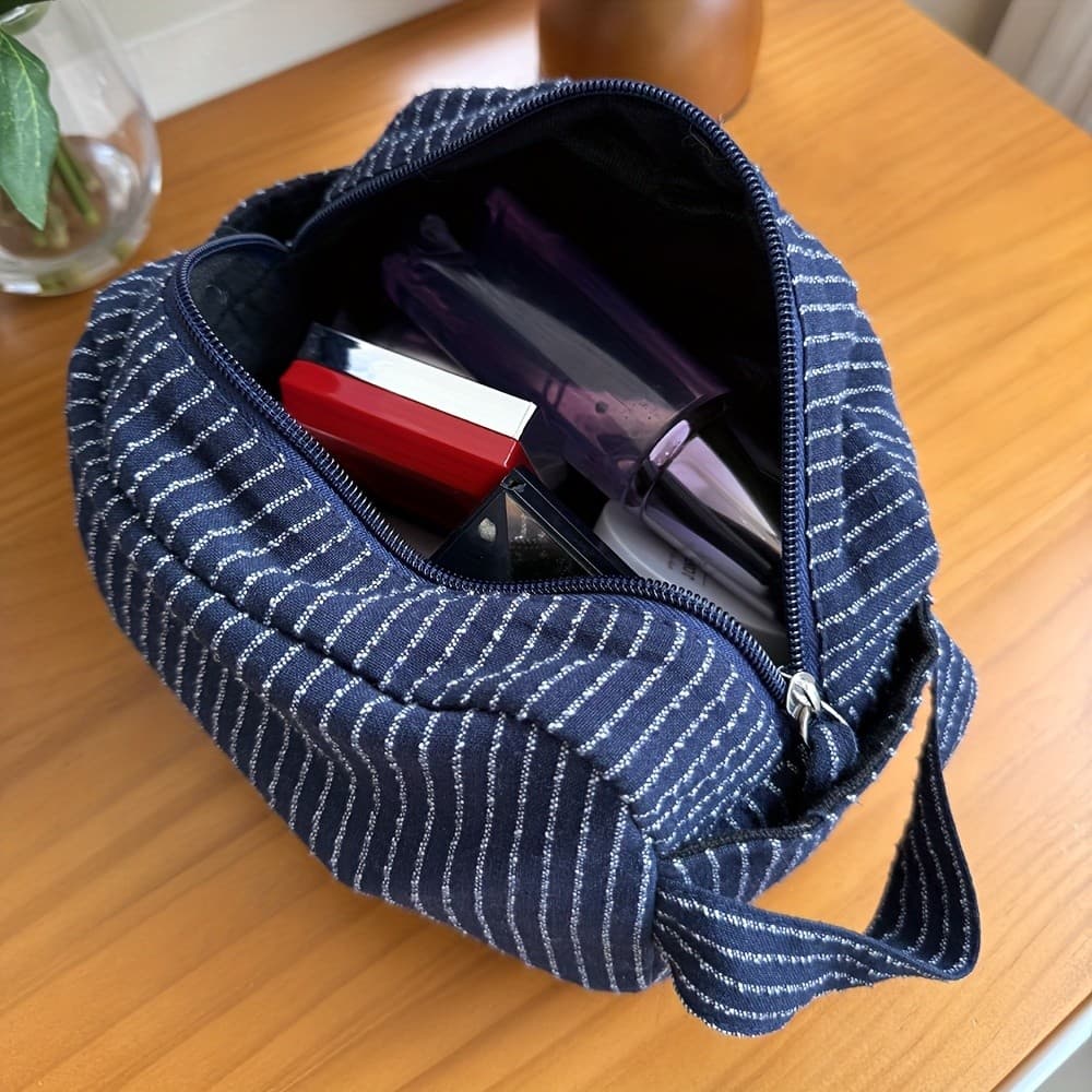 1 unidade de bolsa de mão listrada de grande capacidade para armazenamento de cosméticos, bolsa de maquiagem portátil pa
