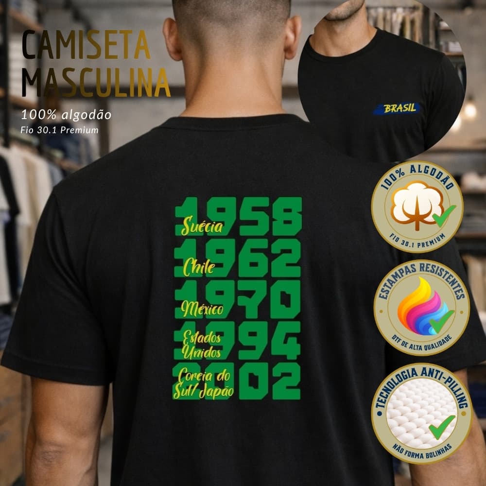 Camiseta Masculina Preta 100% algodão Brasil Campeão do Mundo Estampa Títulos Copa Futebol