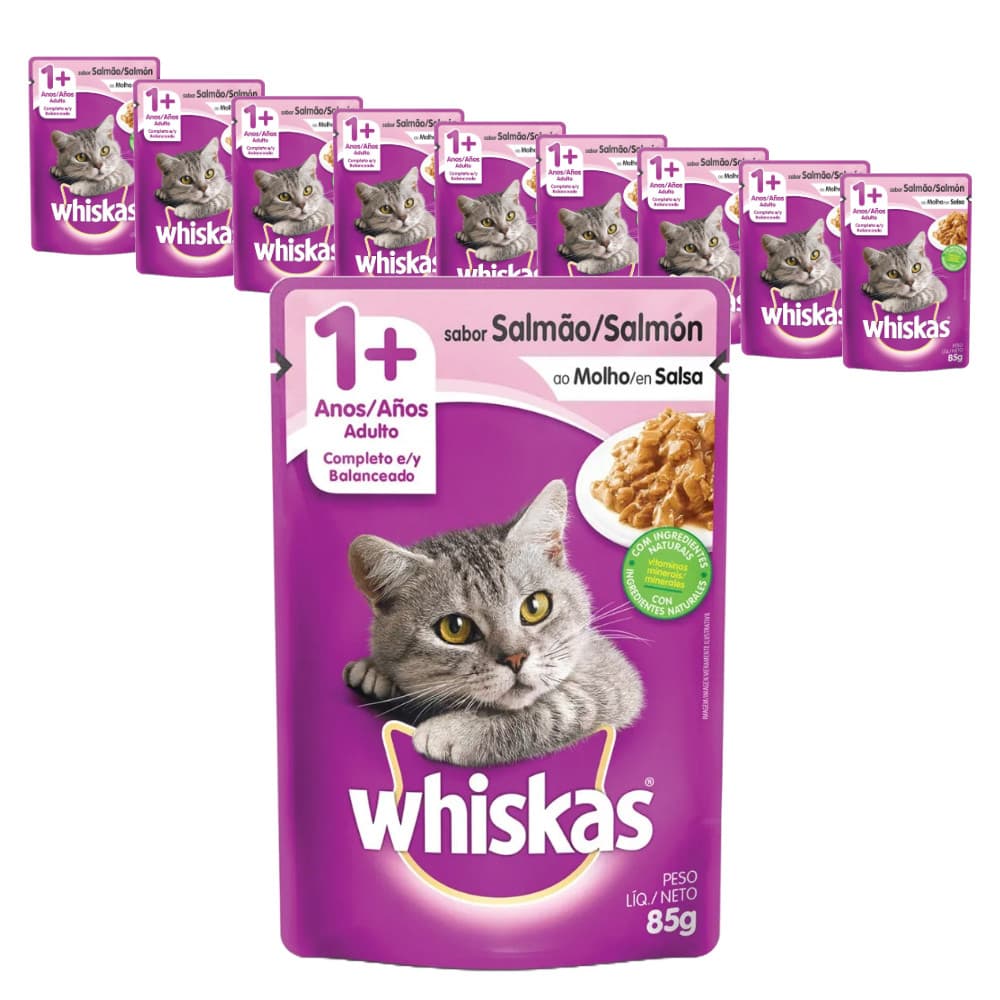 Ração Úmida Whiskas Sachê para Gatos Adultos sabor Salmão 85g - KIT 10 unids.