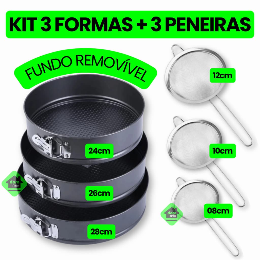 Kit 3 Formas + 3 Peneiras Inox l Assadeira Fundo Removível Anti aderente