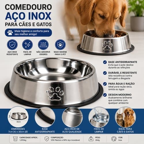 Comedouro Redondo Antiderrapante Resistente Inox Facil Limpeza Cachorro Gato