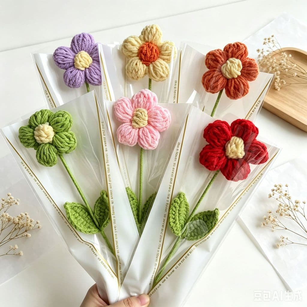 Flores de lã de 7 cm 5 peças buquês de malha mistos 6 peças com embalagem flores de lã grandes buquês de flores tricotad