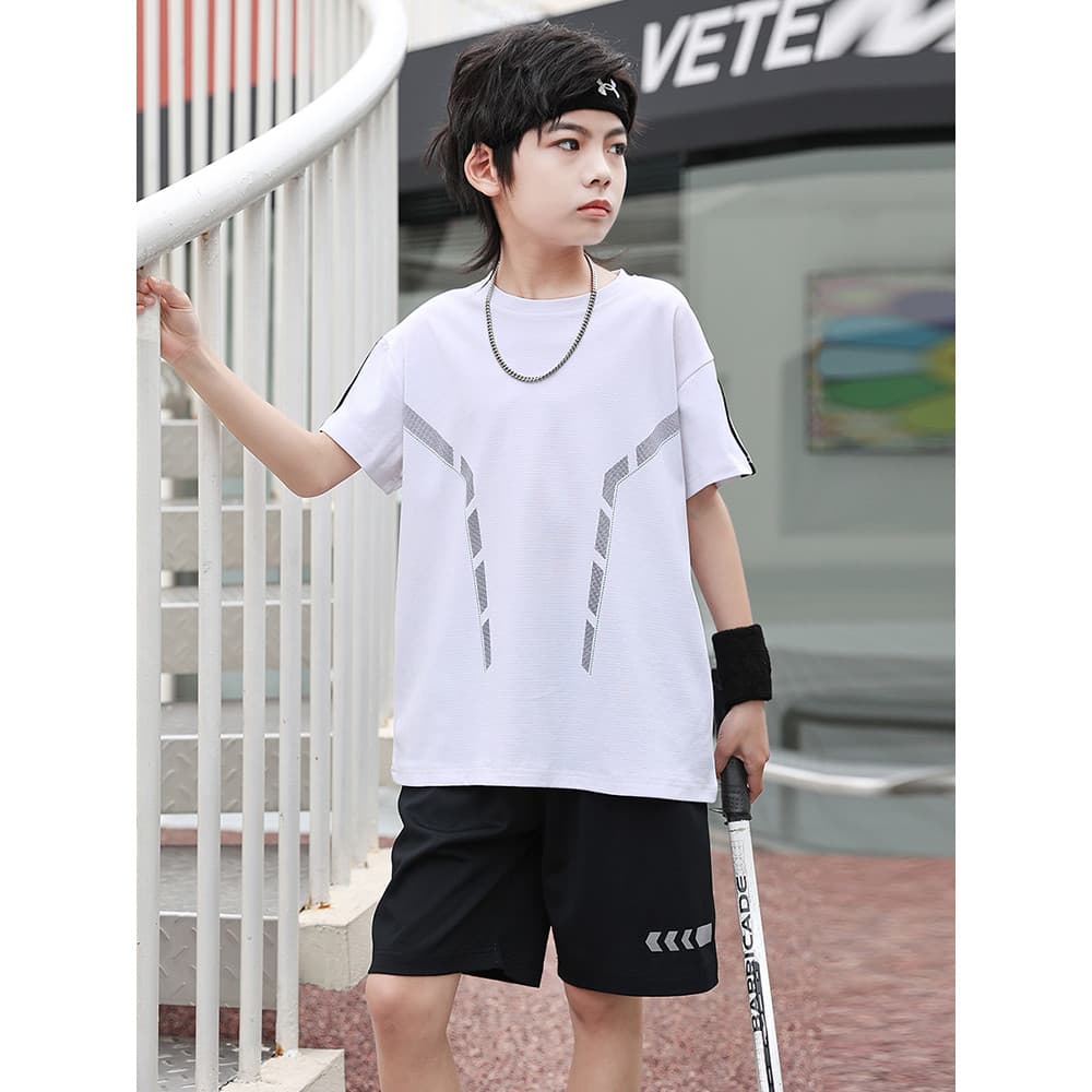 GILE meninos verão terno de seda gelo de secagem rápida roupas esportivas grandes crianças camiseta de manga curta menin
