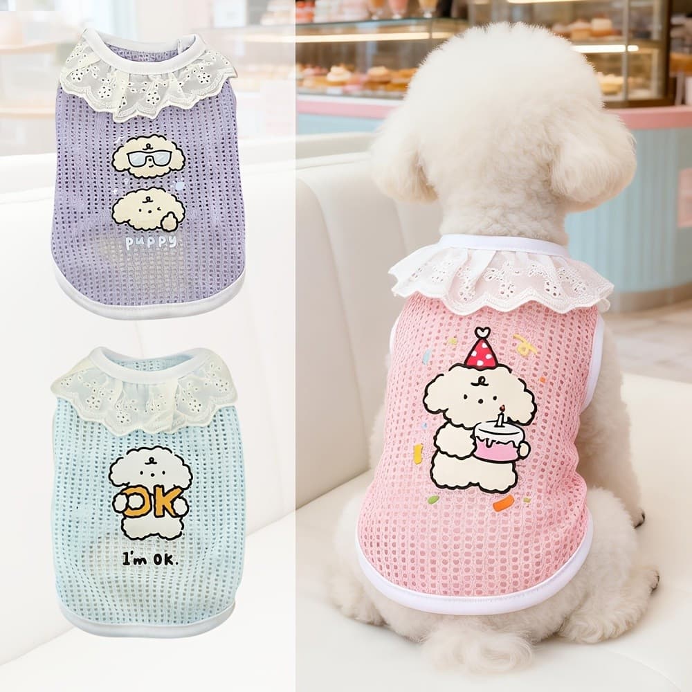 Colete de Renda para Cães, Colete Fofo de Estilo Cartoon para Animais de Estimação, Roupas Finas de Verão Estilo Princes