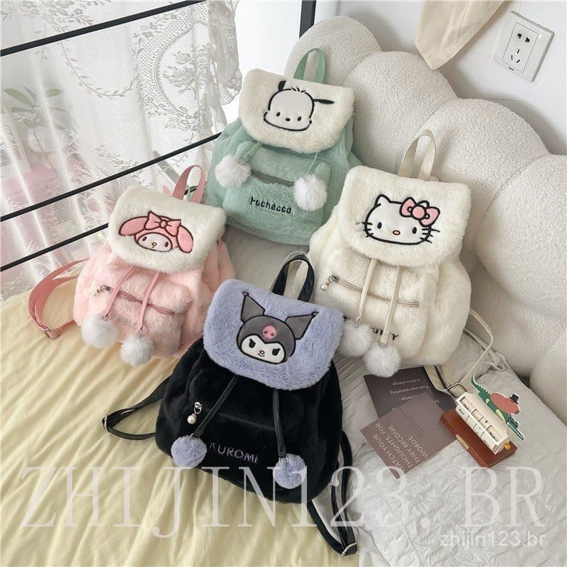 Mochila de pelúcia Sanrio Hello Kitty Black My Melody, bolsa escolar kawaii, bolsa de ombro, moda feminina