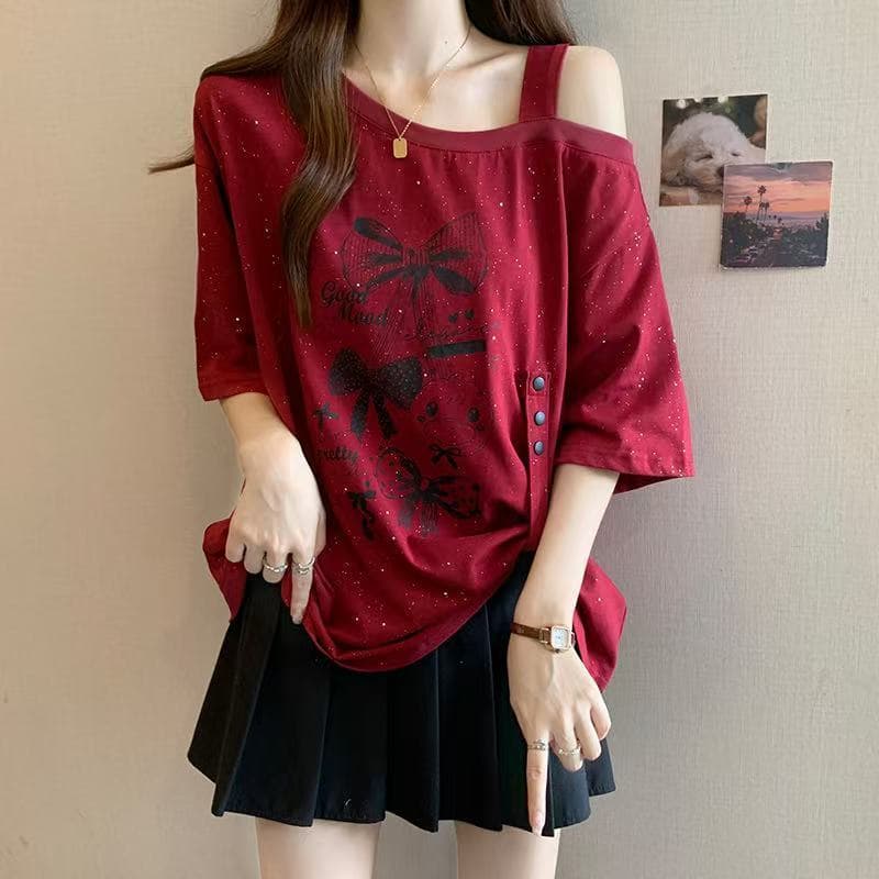 Algodão puro Plus Size moda quente menina impresso ombro oblíquo manga curta camiseta feminina verão gordura mm mais mag