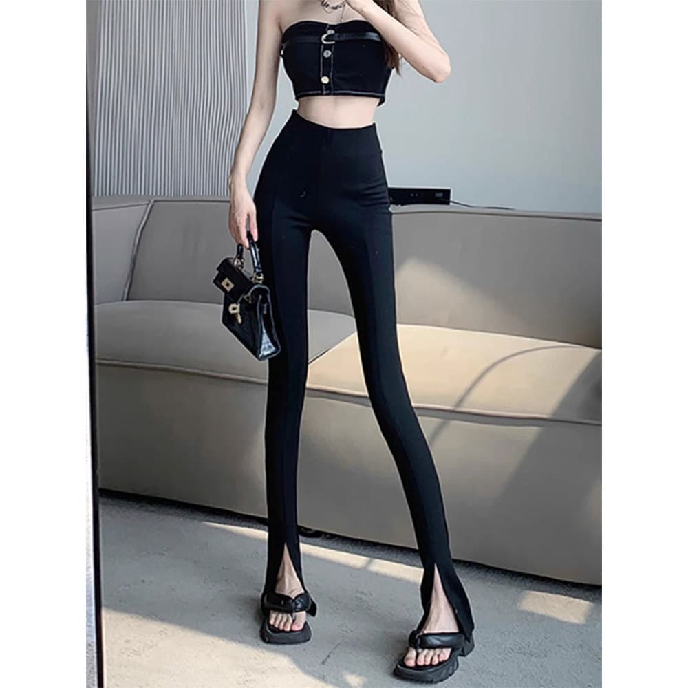 Calças magras pretas femininas 2026 verão cintura alta estiramento Leggings pequeno fino ajuste mais magro olhar fenda c