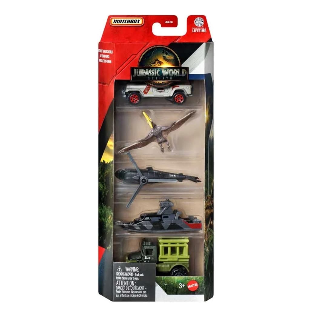 Pack 5 Matchbox Jurassic World Carrinhos 1:64 2025 - Mattel JGL26