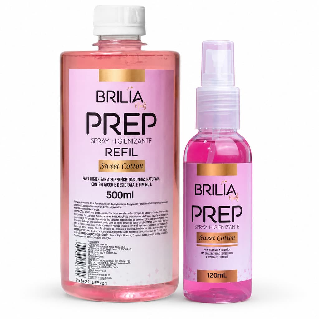 Higienizador Brilia Nails 120ml E Refil 500ml Preparador Alongamento Unha Gel Esmaltação Fibra