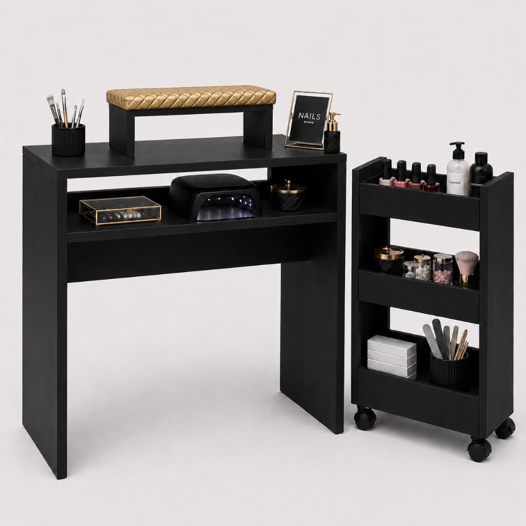 Mesa Manicure Com Carrinho Auxiliar E Apoio De Mão Preto