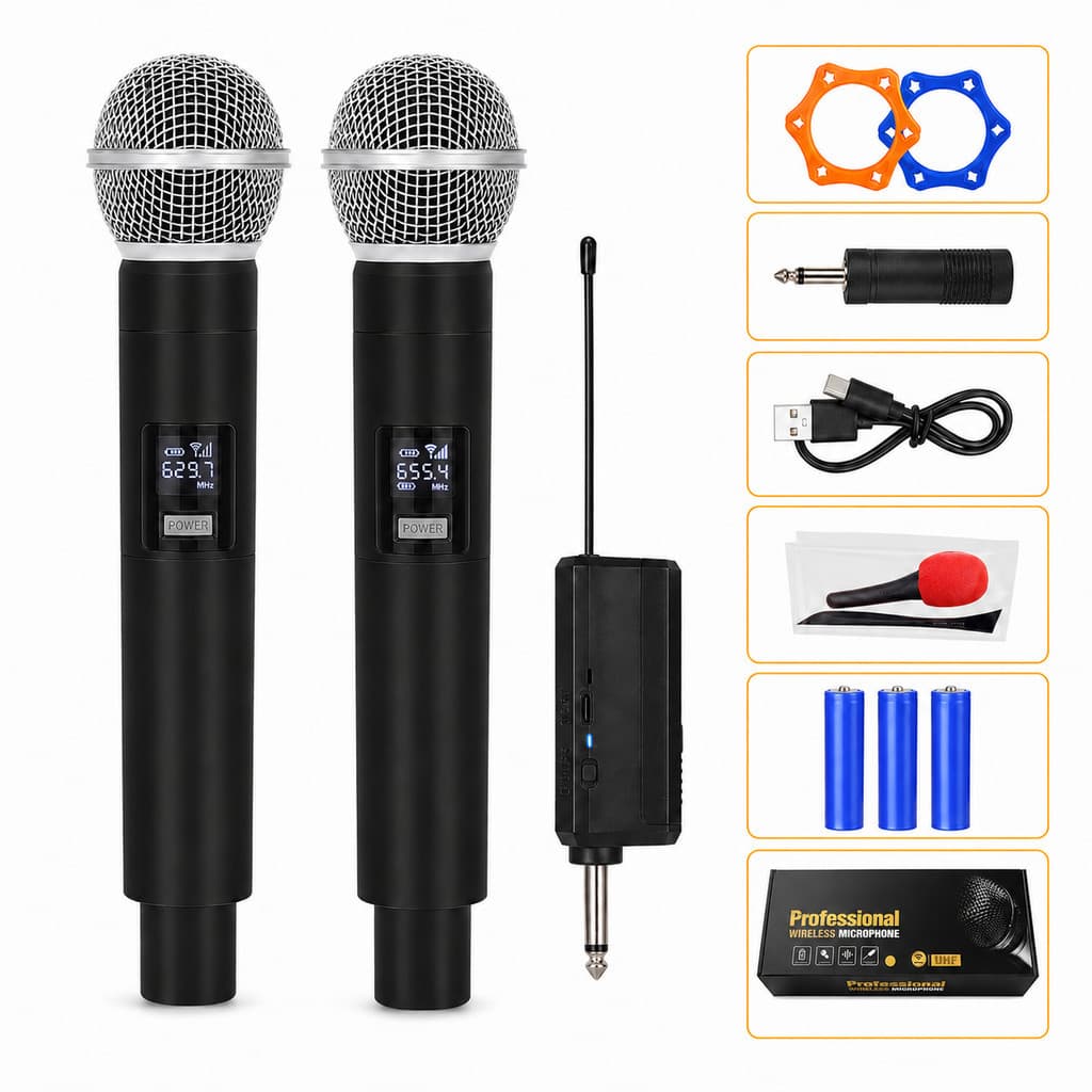 2 Microfones Sem Fio Profissionais UHF Recarregáveis Alta Fidelidade para Som e Karaokê