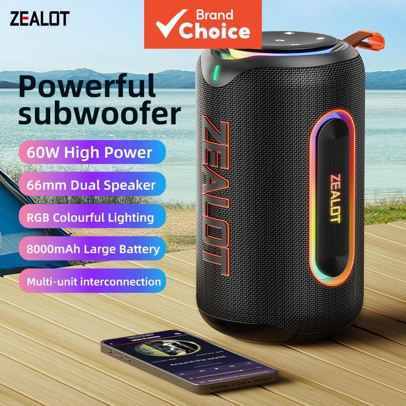 Caixa de Som Bluetooth ZEALOT MP1 60W Portátil Sem Fio com Bateria 8000mAh | IPX6 À Prova d'Água com Graves para Uso