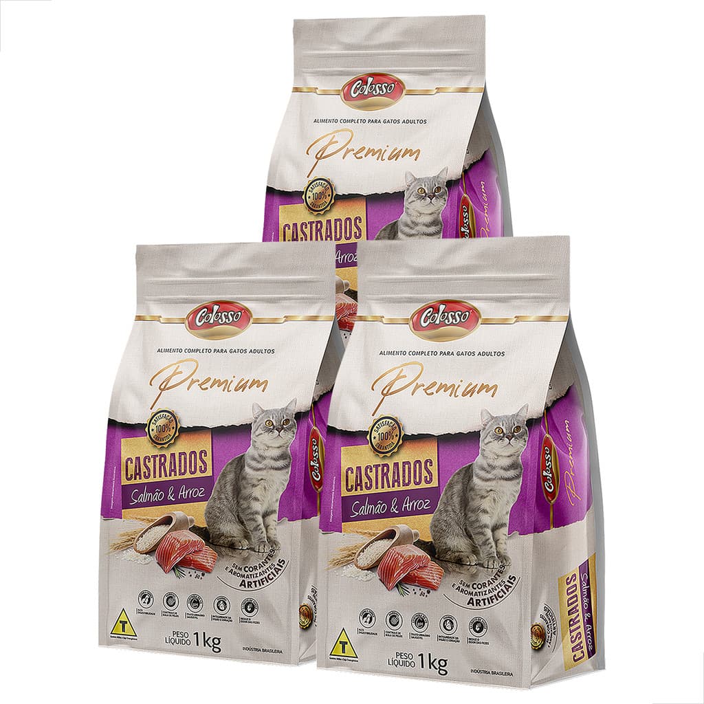 Kit 3 Un Ração Gato Castrado Salmao Arroz Colosso Premium 1kg